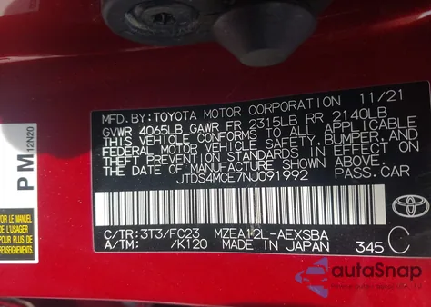 2022 Toyota Corolla Se from USA, damaged, VIN JTDS4MCE7NJ091992